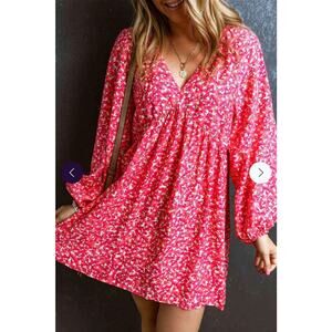 H&M Women's Babydoll Balloon Long Sleeve Mini Dress Size Large Floral Pink